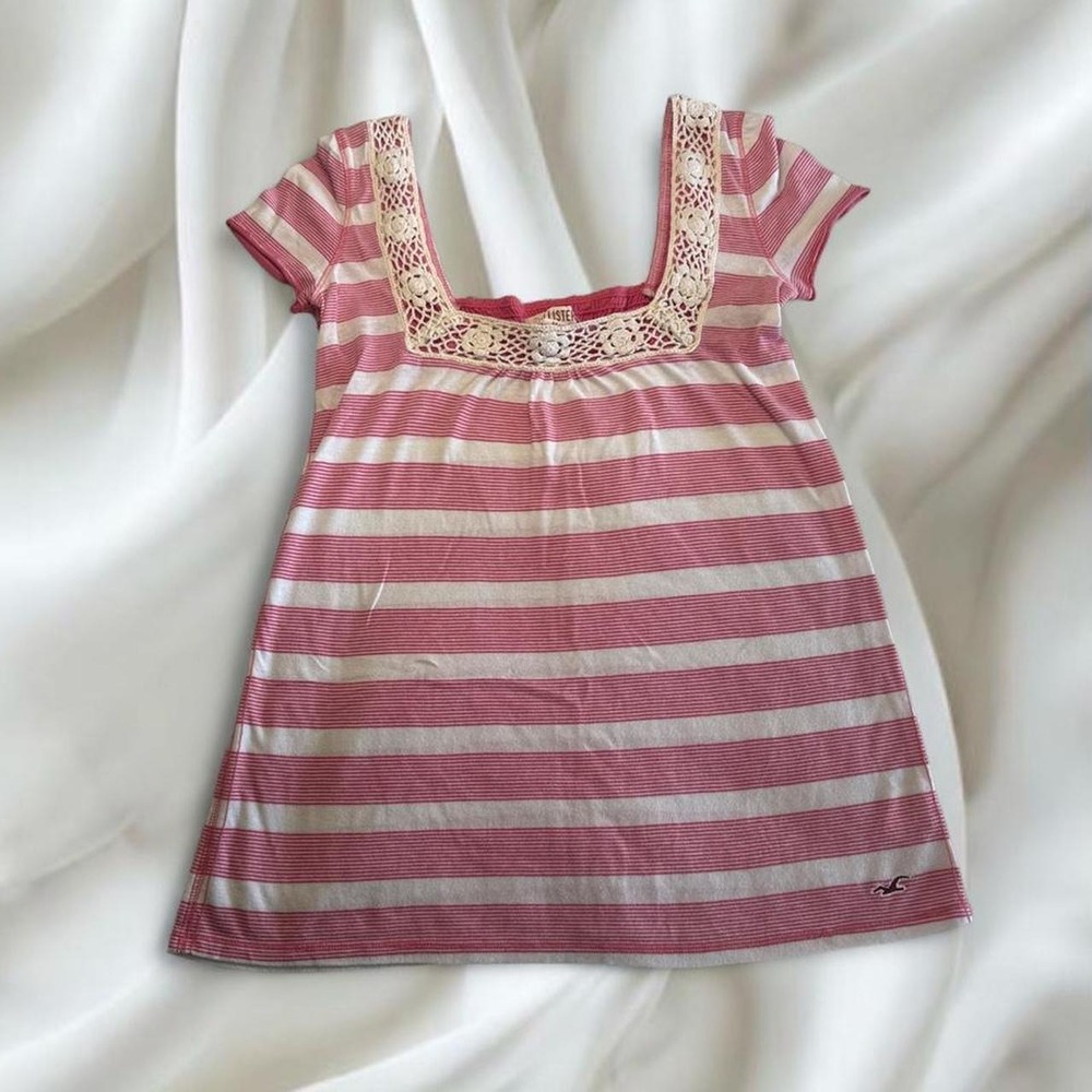 Y2K vintage Hollister pink striped babydoll top with lace